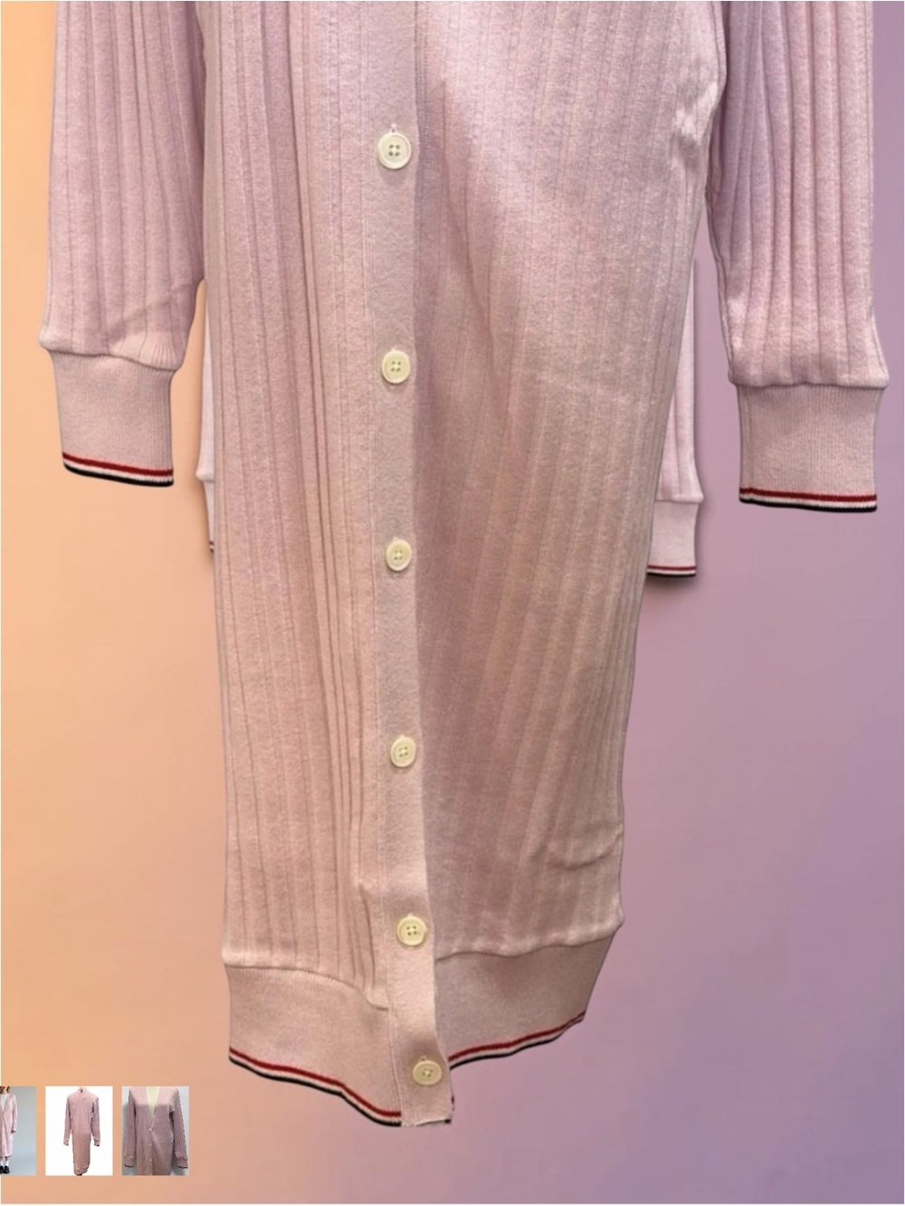 Thom Browne Ribbed Long Button-Front Robe Cardigan in Pale Pink - Picture 4 of 7